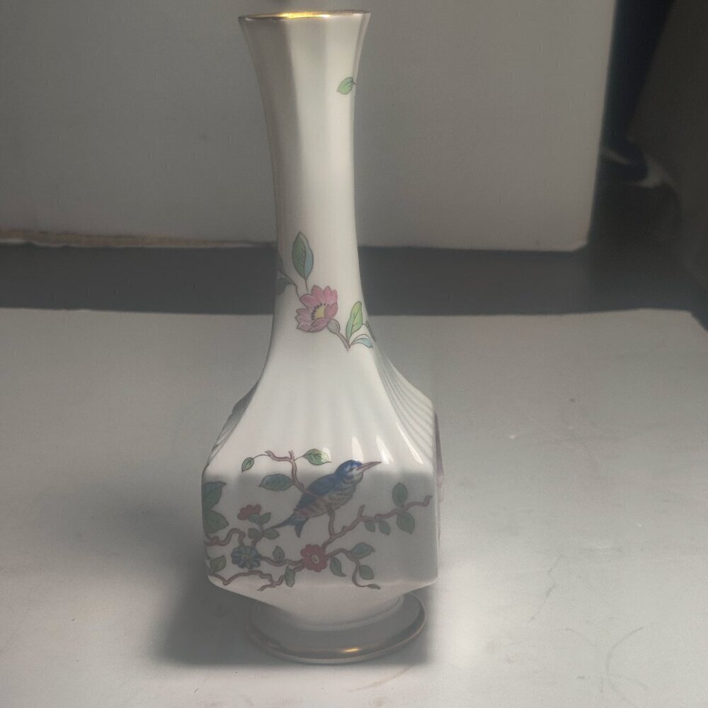 Aynsley Floral Vase from England, fine bone china, decorated with a bird & vines